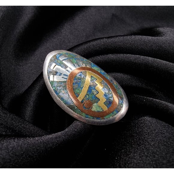 Vintage 925 Sterling Silver Mexican Brooch Pendant With Inlaid Turquoise & Coppe - Picture 2 of 5